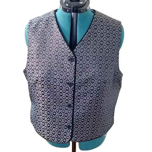 Vintage Talbots Black Satin Silver Embossed Vest, Misses Size 20 - Picture 5 of 7
